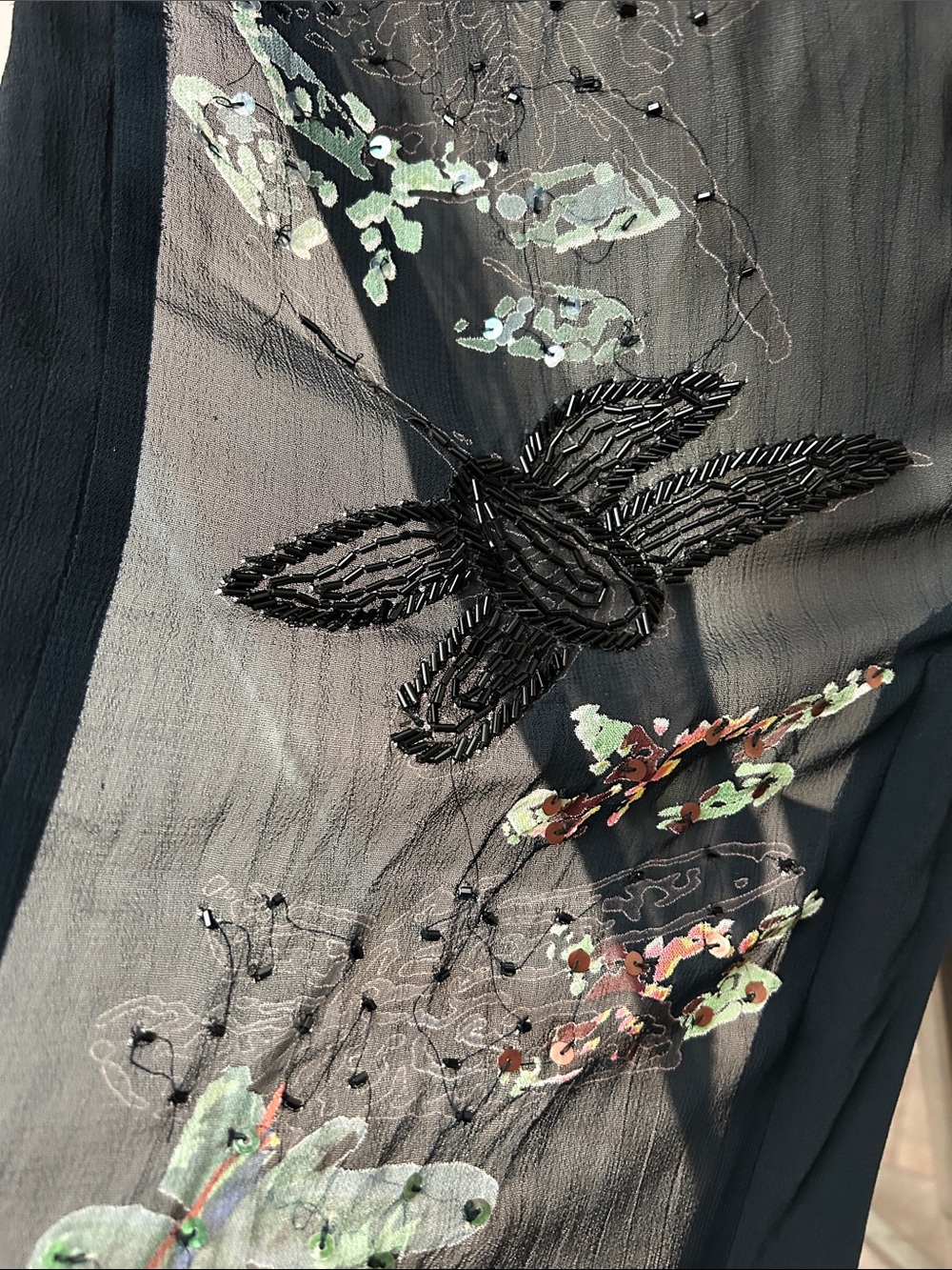 VTG Cache Sheer Black Embroidered Butterfly Duster Asian frog closure sz small - Picture 14 of 16